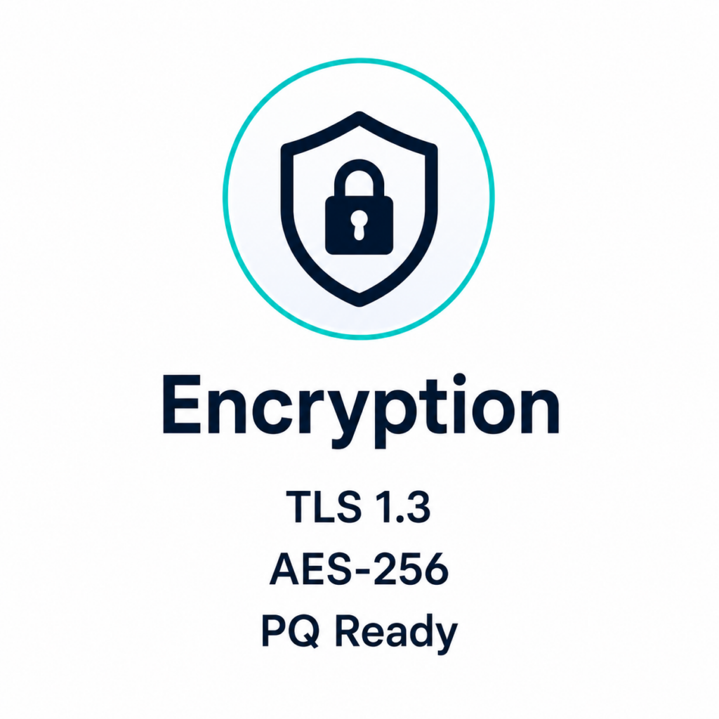 Encryption: TLS 1.3, AES-256, post-quantum ready